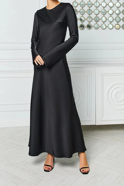 Red Satin Long Sleeve Maxi Dress Evening Dress Round Neck Backless Party Dress