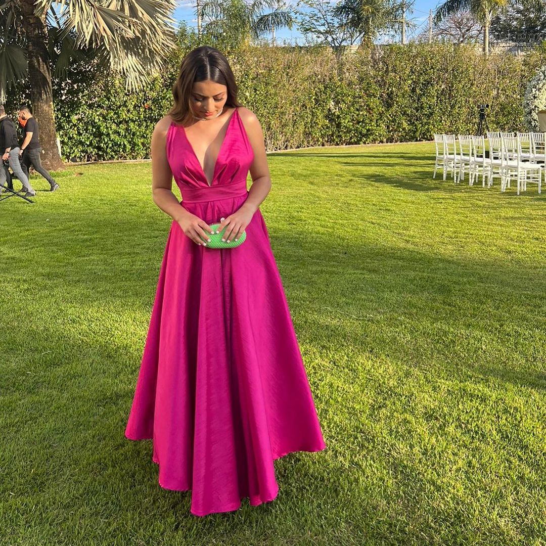 Formal Women's Dresses A Line Rose Red Satin V Neck Long Prom Dress Prom Dresses Stores