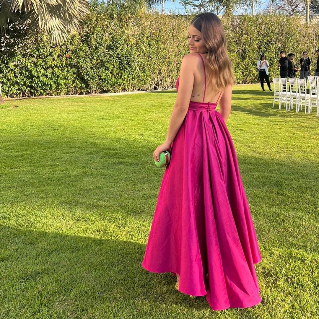 Formal Women's Dresses A Line Rose Red Satin V Neck Long Prom Dress Prom Dresses Stores