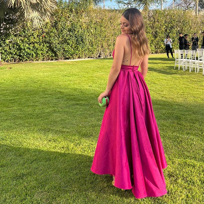 Formal Women's Dresses A Line Rose Red Satin V Neck Long Prom Dress Prom Dresses Stores