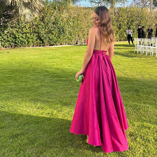 Formal Women's Dresses A Line Rose Red Satin V Neck Long Prom Dress Prom Dresses Stores
