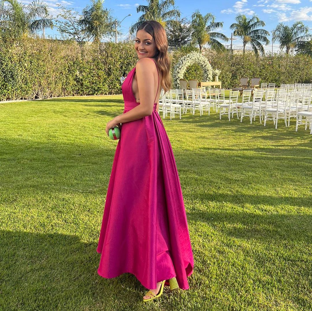 Formal Women's Dresses A Line Rose Red Satin V Neck Long Prom Dress Prom Dresses Stores