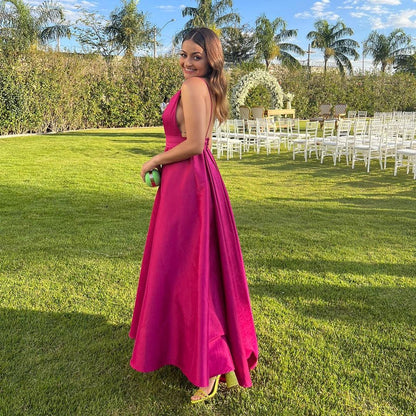 Formal Women's Dresses A Line Rose Red Satin V Neck Long Prom Dress Prom Dresses Stores