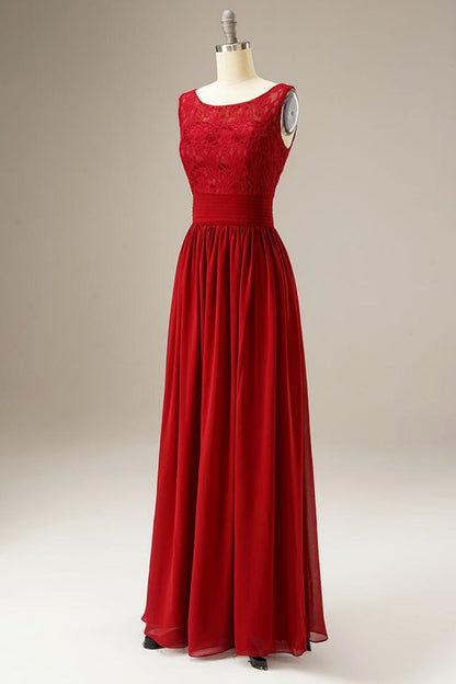 Red A Line Lace Top Chiffon Long Dress