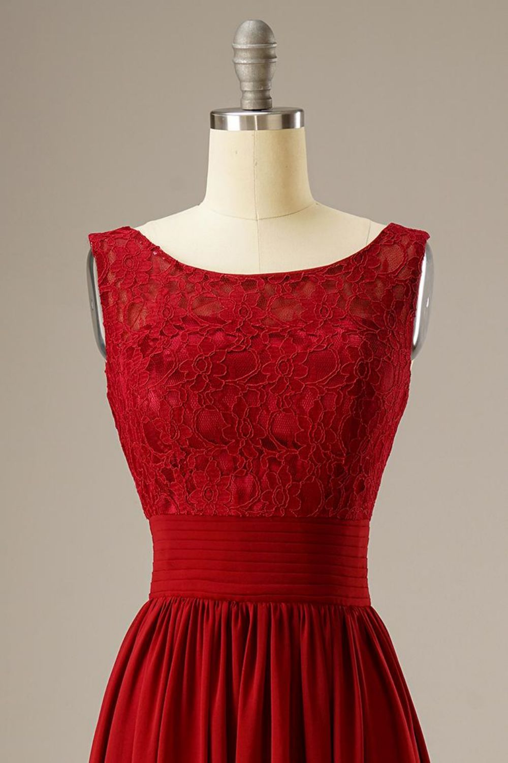 Red A Line Lace Top Chiffon Long Dress