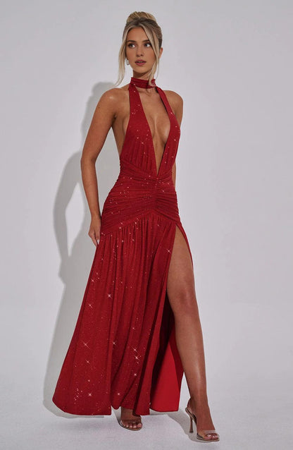 Red Shiny Luxury Low-cut Halter Neck Open Back Pleated High Slit Unique Long Prom Party Dress