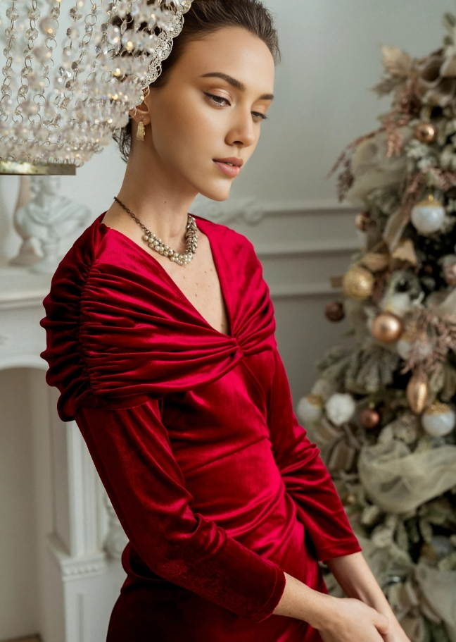 Red Velvet V-Neck Cape Shoulder Dress Long Sleeves Mermaid Ankle Length Prom Party Dress With Slit