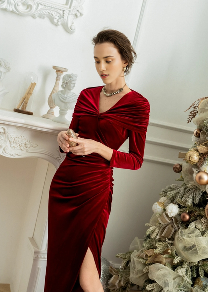 Red Velvet V-Neck Cape Shoulder Dress Long Sleeves Mermaid Ankle Length Prom Party Dress With Slit
