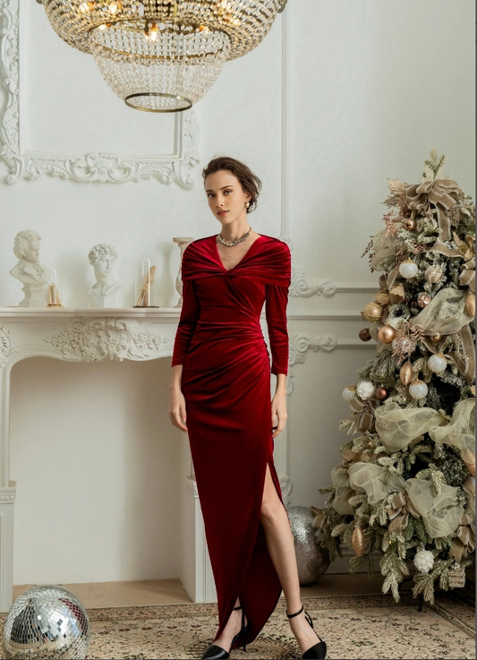 Red Velvet V-Neck Cape Shoulder Dress Long Sleeves Mermaid Ankle Length Prom Party Dress With Slit