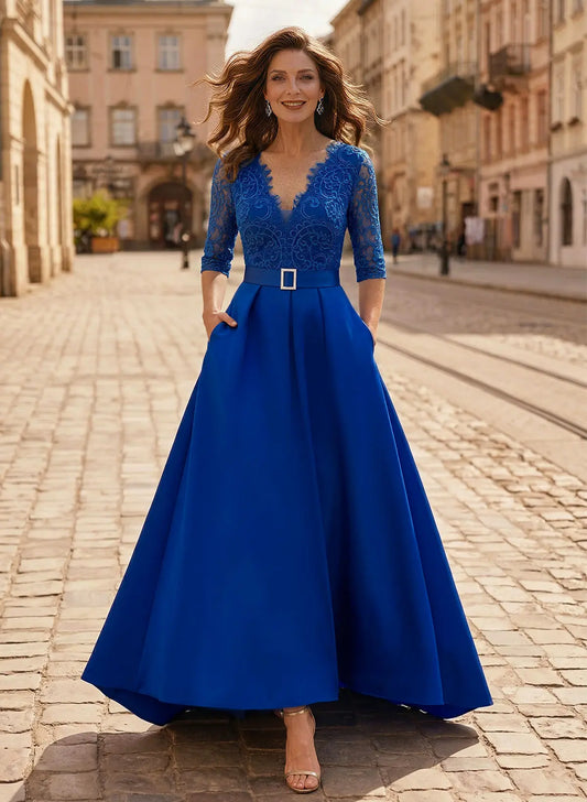 Regal A-Line V-Neck Three-Quarter Sleeve Royal Blue Lace & Satin Evening Gown with Belt Mother of the Bride Dress