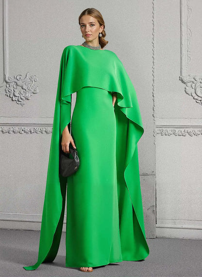 Regal Emerald Green Cape-Sleeve Column Evening Gown with Open Back