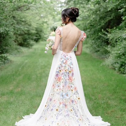 Romantic A-Line Deep V Neck Short Sleeve Tulle Maxi Floral Dress