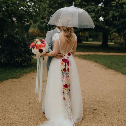 Romantic A-Line Deep V Neck Short Sleeve Tulle Maxi Floral Dress