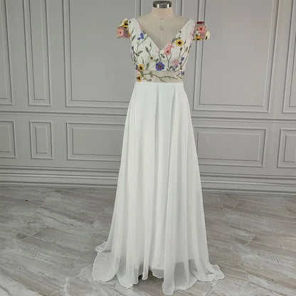 Romantic A-Line Deep V Neck Short Sleeve Tulle Maxi Floral Dress