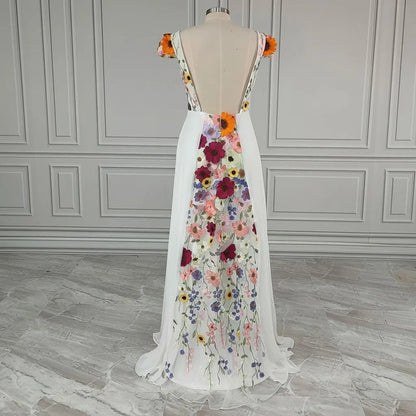 Romantic A-Line Deep V Neck Short Sleeve Tulle Maxi Floral Dress