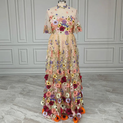 Romantic A-Line High Neck Short Sleeve Tulle Maxi Floral Dress