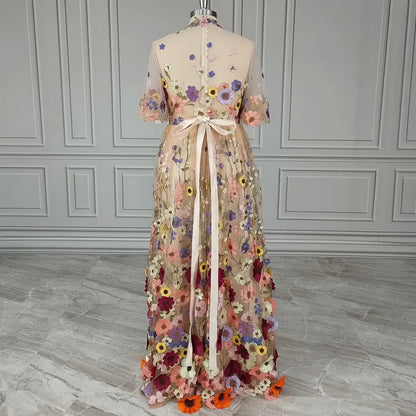 Romantic A-Line High Neck Short Sleeve Tulle Maxi Floral Dress