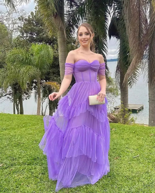 Romantic A-Line Off Shoulder Short Sleeve Tulle Maxi Prom Dress