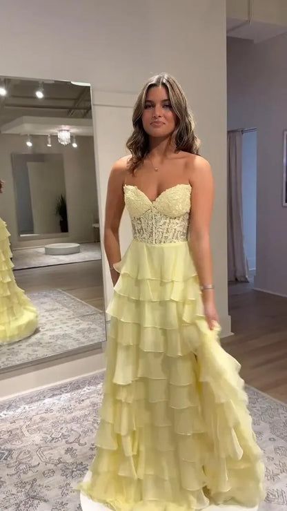 Romantic A-Line Strapless Sweetheart Lace Corset Tiered Ruffle Floor-Length Evening Gown