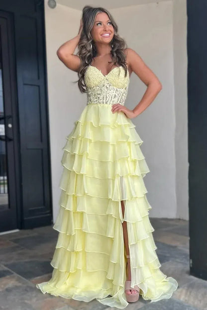 Romantic A-Line Strapless Sweetheart Lace Corset Tiered Ruffle Floor-Length Evening Gown
