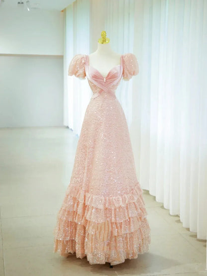 Romantic A-Line Sweetheart Puff Sleeve Sequin Tiered Ruffle Floor Length Evening Dress