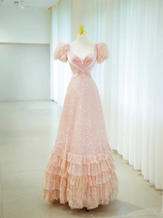 Romantic A-Line Sweetheart Puff Sleeve Sequin Tiered Ruffle Floor Length Evening Dress