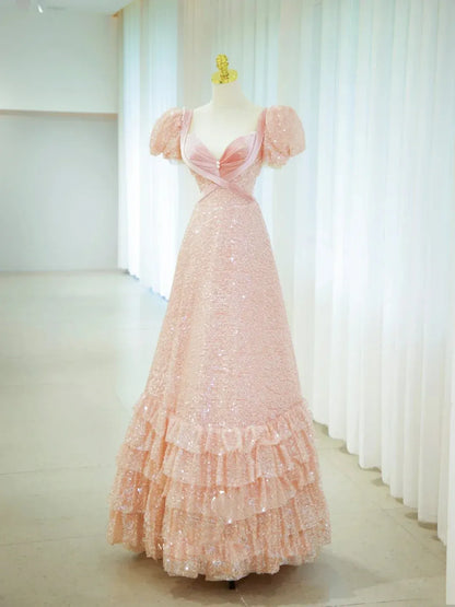 Romantic A-Line Sweetheart Puff Sleeve Sequin Tiered Ruffle Floor Length Evening Dress