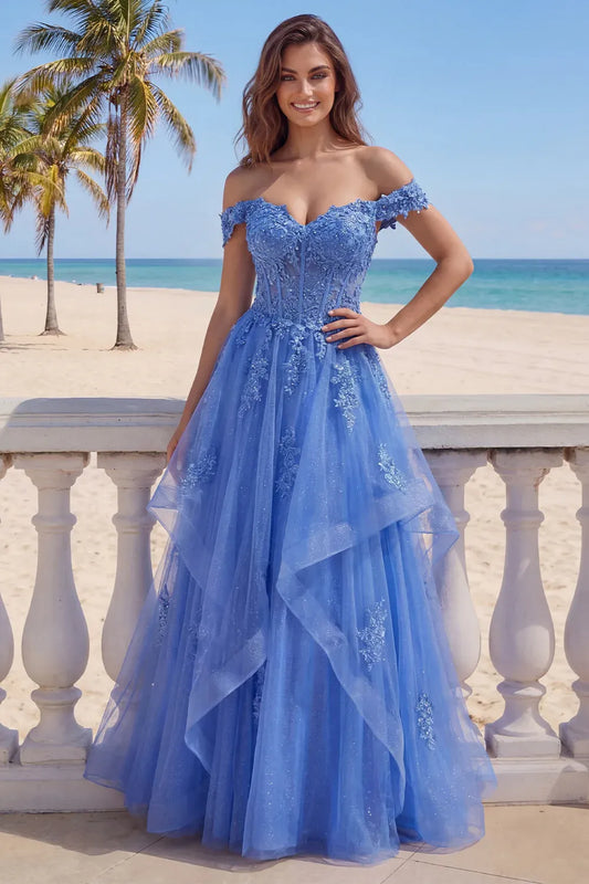 Romantic Ball Gown Off Shoulder Short Sleeve Tulle Maxi Prom Dress