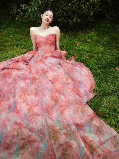Romantic Ball Gown Strapless Sleeveless Zipper Back Floor-Length Floral Formal Evening Dress