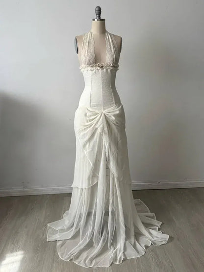 Romantic Halter Neck Lace Corset Ruched Mermaid Maxi Dress with Train