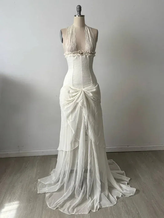 Romantic Halter Neck Lace Corset Ruched Mermaid Maxi Dress with Train