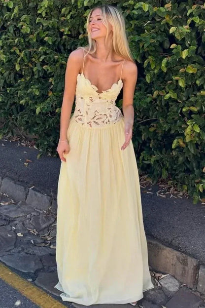 Romantic Lace Corset Criss Cross Back Chiffon Maxi Dress