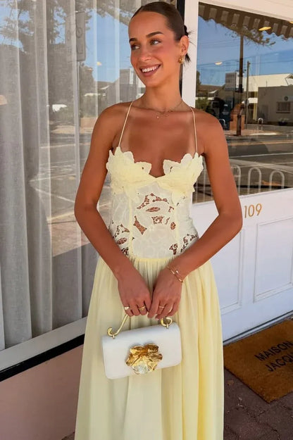 Romantic Lace Corset Criss Cross Back Chiffon Maxi Dress