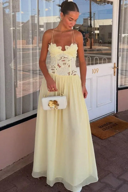 Romantic Lace Corset Criss Cross Back Chiffon Maxi Dress