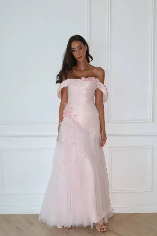Romantic Off-the-Shoulder Corset 3D Flower Tulle A-Line Maxi Dress