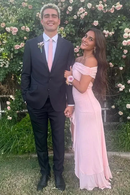 Romantic Off-the-Shoulder Ruffle High Slit Chiffon Bridesmaid Maxi Dress