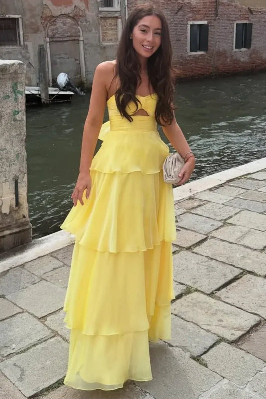 Romantic Spaghetti Strap Bow Cutout Tiered Ruffle Chiffon Maxi Dress
