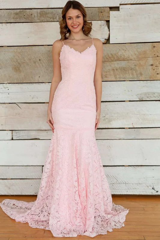 Romantic Spaghetti Strap V-Neck Lace Mermaid Prom Dress With Train