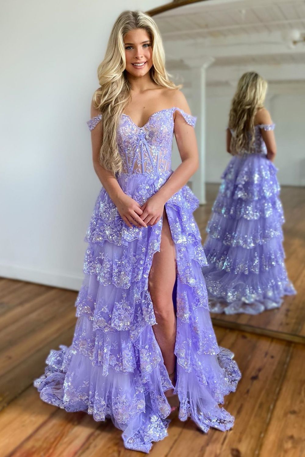 Sparkly Hot Pink A-Line Off The Shoulder Long Tiered Prom Dress With Appliques