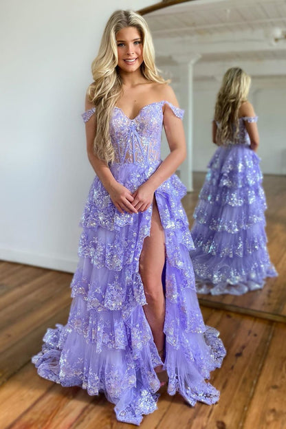 Sparkly Hot Pink A-Line Off The Shoulder Long Tiered Prom Dress With Appliques