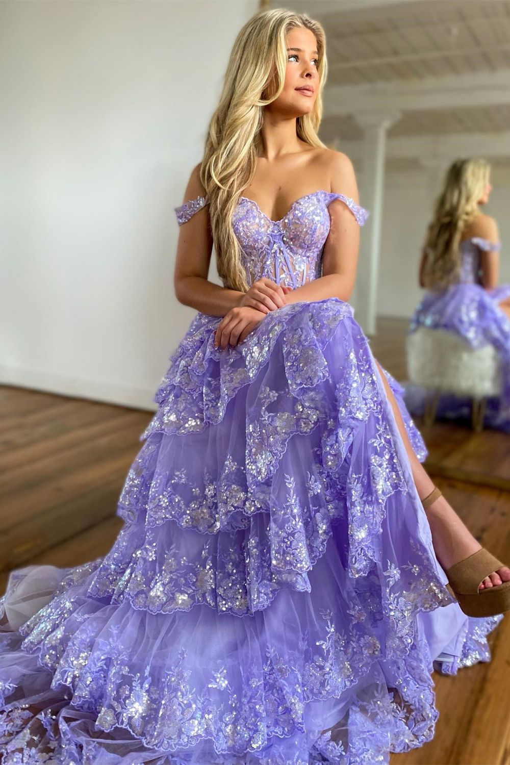 Sparkly Hot Pink A-Line Off The Shoulder Long Tiered Prom Dress With Appliques