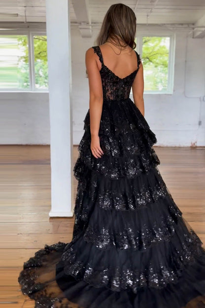 Sparkly Hot Pink A-Line Off The Shoulder Long Tiered Prom Dress With Appliques
