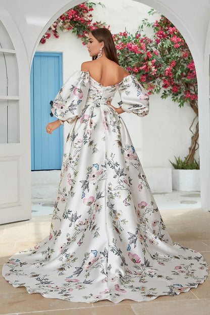 Romantic A-Line V Neck 1/2 Sleeve Zipper Up Chapel Train Wedding Dress