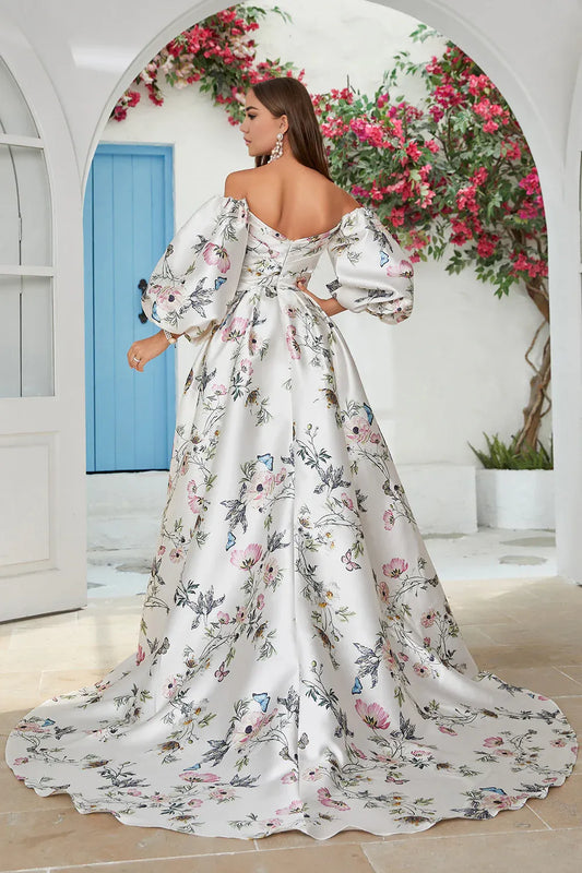 Romantic A-Line V Neck 1/2 Sleeve Zipper Up Chapel Train Wedding Dress
