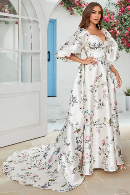 Romantic A-Line V Neck 1/2 Sleeve Zipper Up Chapel Train Wedding Dress