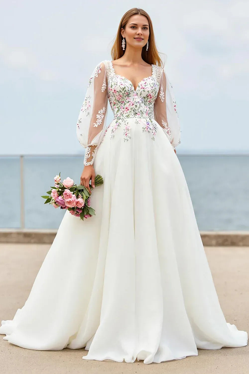 Romantic A Line V Neck Long Sleeve Appliques Tulle Sweep Train Wedding Dress