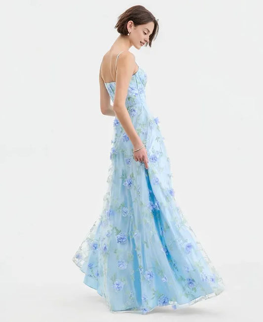 Romantic Ball Gown Sweetheart Sleeveless Flower Printed Tulle Floor-Length Prom Dress