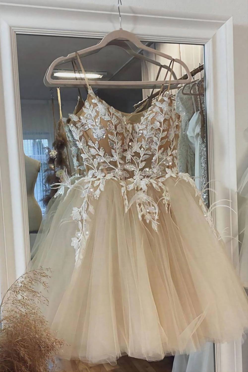 Romantic Champagne Short Homecoming Dress With Applique