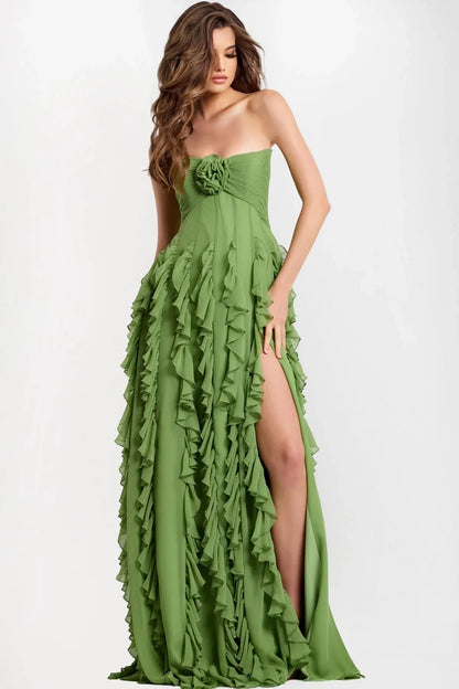 Romantic Green Ruffled Chiffon Maxi Gown With 3d Floral Appliqué Prom Dress