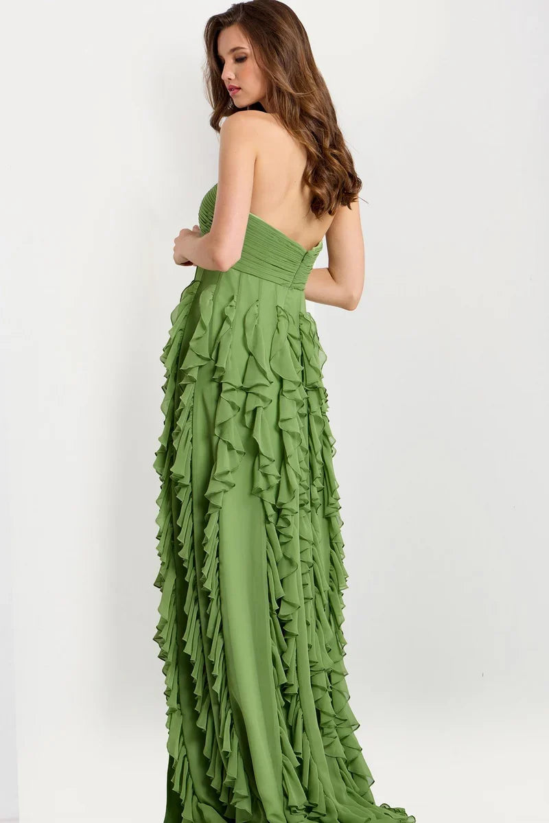 Romantic Green Ruffled Chiffon Maxi Gown With 3d Floral Appliqué Prom Dress